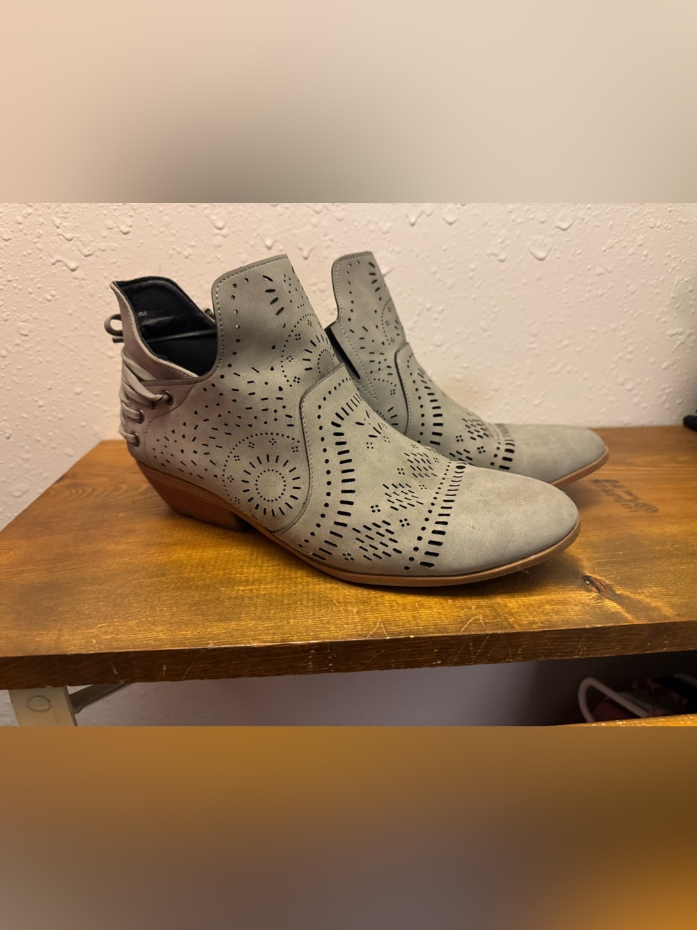 Perforated Grey Suede Ankle Booties with Low Heel